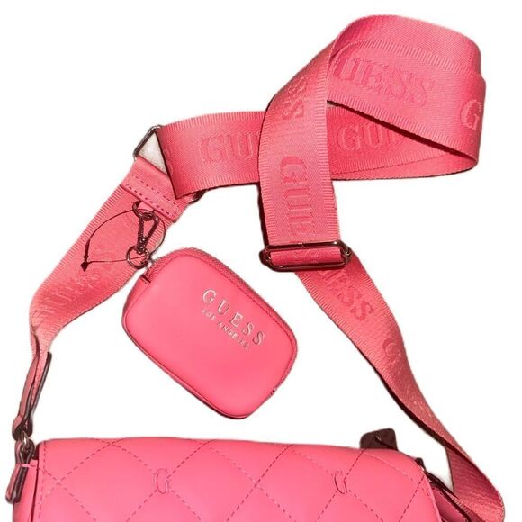 GUESS Colton Crossbody Pink Faux Leather Quilted Flap Shoulder Bag & Mini Pouch - Picture 10 of 16